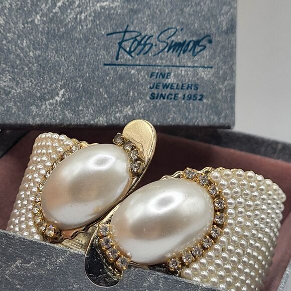 Ross Simons New in Box Vintage Pearls & Rhinestones Clamper Cuff Bracelet Hinged - Picture 3 of 7